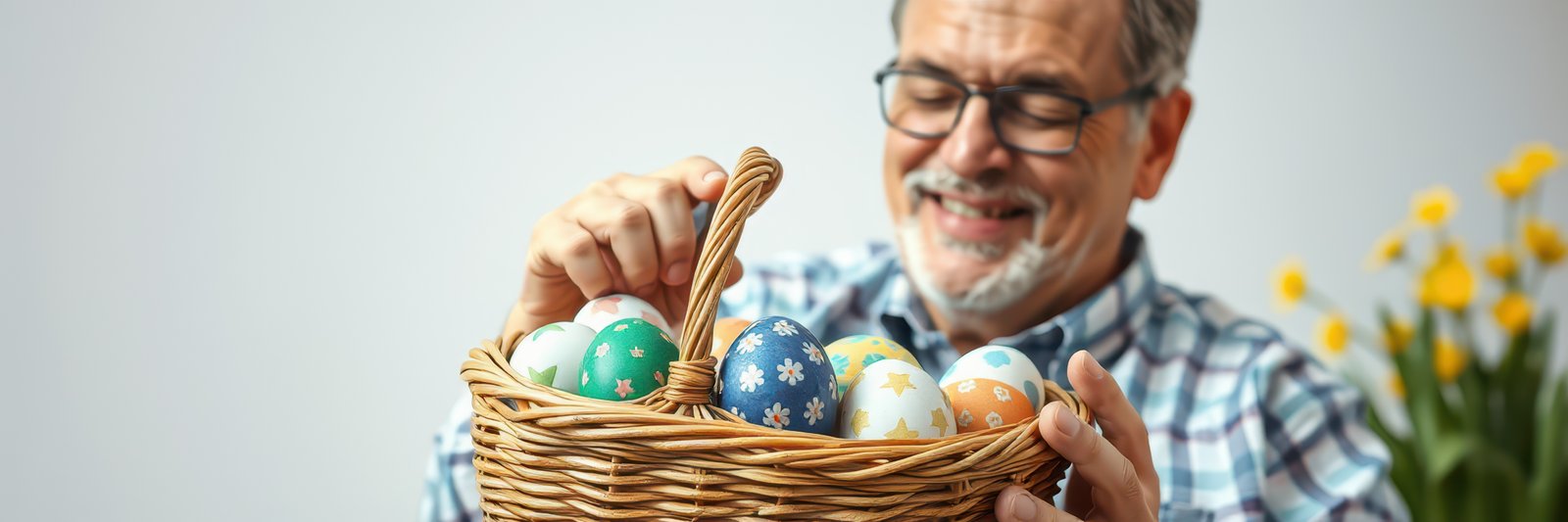 Senior man joyfully holding a basket of colorful Easter eggs while surrounded by blooming flowers
